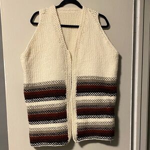 Elegant Cream and Brown Striped V-Neck Sweater Vest XL